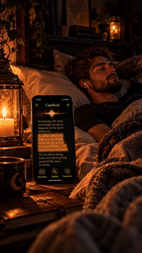 Someone resting in bed with earbuds in, CaptRead propped nearby reading a passage aloud by candlelight